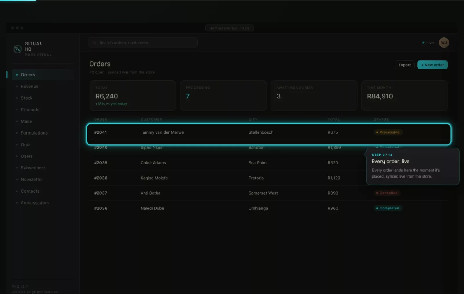 Ritual HQ, a live screenshot of the orders dashboard